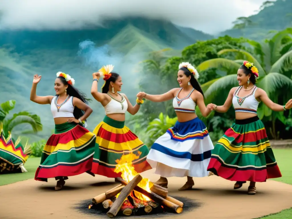 Grupo de bailarines indígenas colombianos en atuendos tradicionales ejecutando la danza cumbia alrededor de una fogata, rodeados de exuberante vegetación y flores tropicales