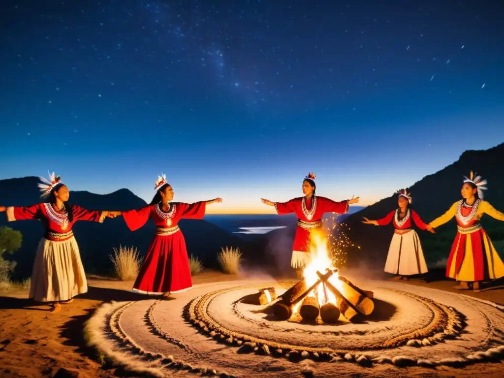 Un grupo de bailarines indígenas en coloridos trajes tradicionales realizando una danza sagrada alrededor de una fogata bajo un cielo estrellado