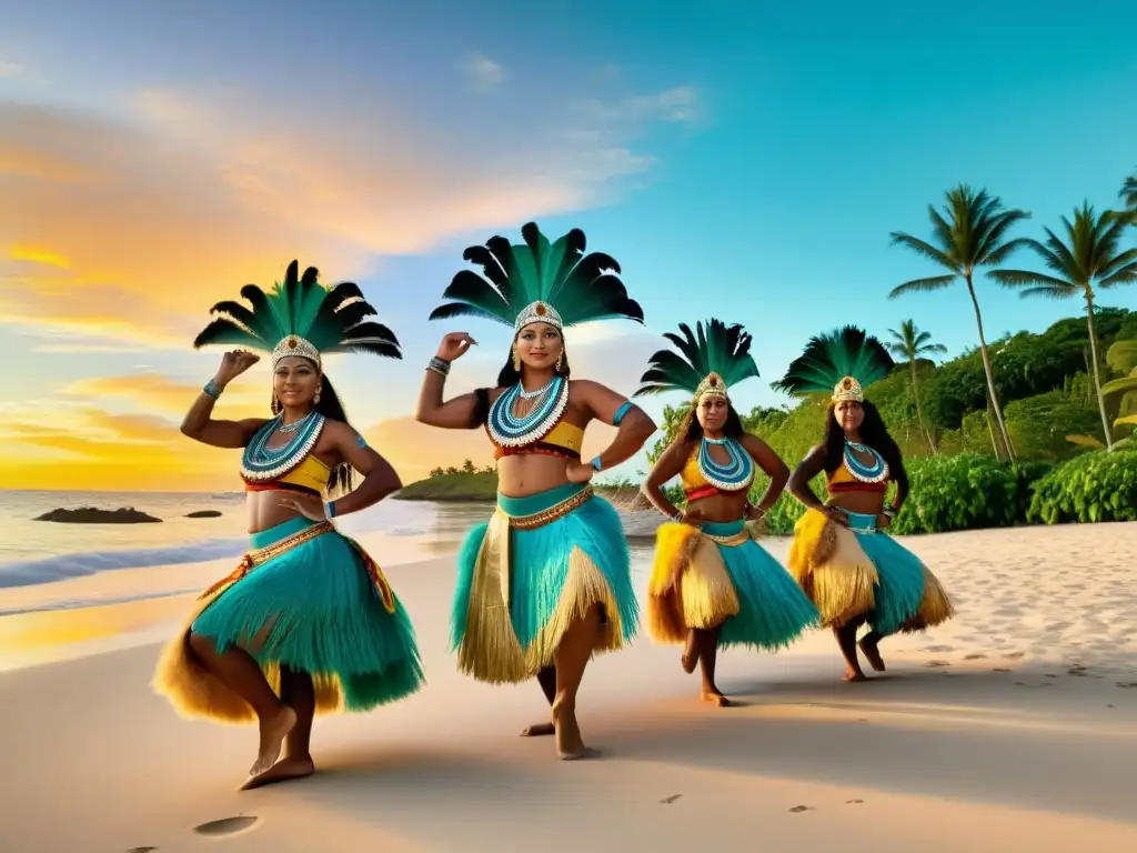 Grupo de bailarines indígenas de diversas culturas de las islas del Pacífico realizando danzas tradicionales en la playa al atardecer, con trajes vibrantes, pinturas corporales intrincadas y movimientos rítmicos que capturan el significado cultural y la conexión espiritual de la danza trad