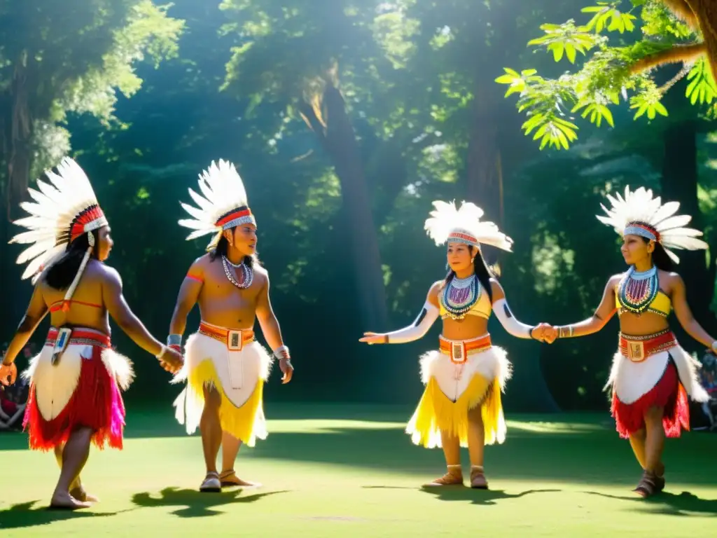 Grupo de bailarines indígenas en danza ceremonial, honrando su herencia cultural en un claro soleado rodeado de exuberante vegetación