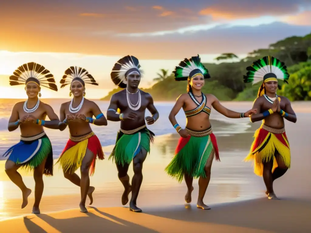 Grupo de bailarines indígenas de Oceanía realizando una danza tradicional al atardecer en la playa, con trajes vibrantes y movimientos expresivos