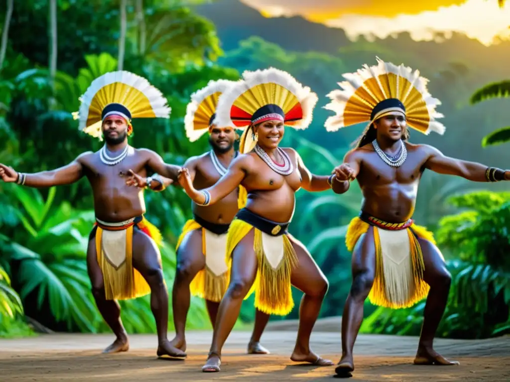 Un grupo de bailarines indígenas melanesios ejecuta una danza en la selva tropical, mostrando la música en las leyendas danzadas Melanesia