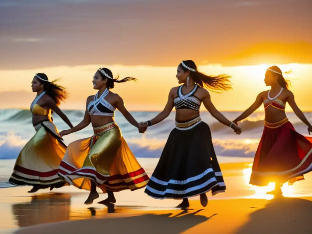 Grupo de bailarines indígenas realizando una danza oceánica al atardecer, mostrando el significado cultural de danzas oceánicas