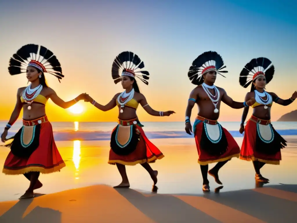 Grupo de bailarines indígenas realizando una danza oceánica, transmitiendo el significado cultural de danzas oceánicas en una playa al atardecer