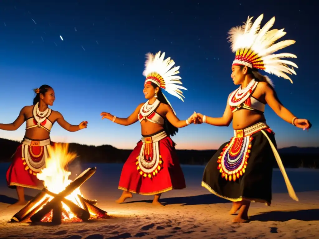 Grupo de bailarines indígenas realizando una danza ceremonial alrededor de una fogata bajo el cielo nocturno