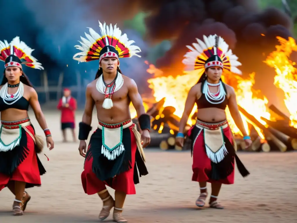 Grupo de bailarines indígenas ejecutan danza sagrada alrededor de fogata, demostrando la protección legal de danzas étnicas históricas