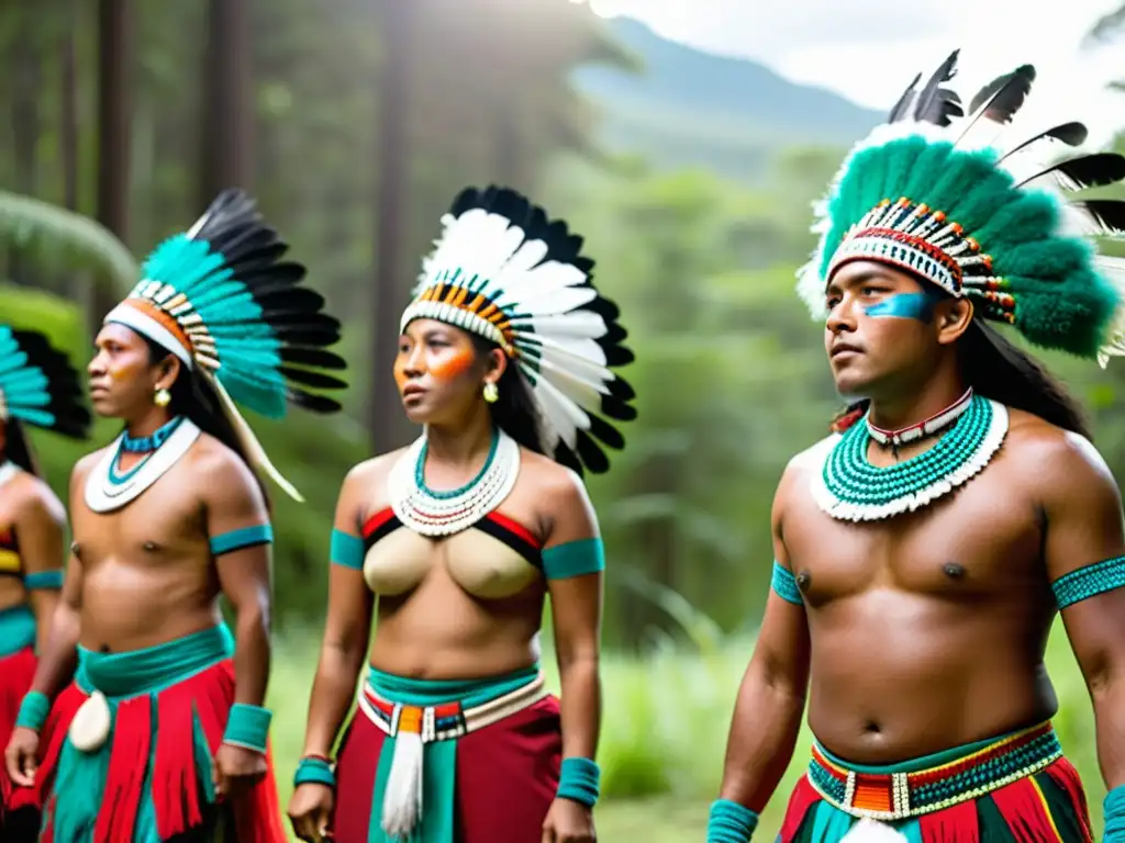 Grupo de bailarines indígenas realizando danza ceremonial en la selva