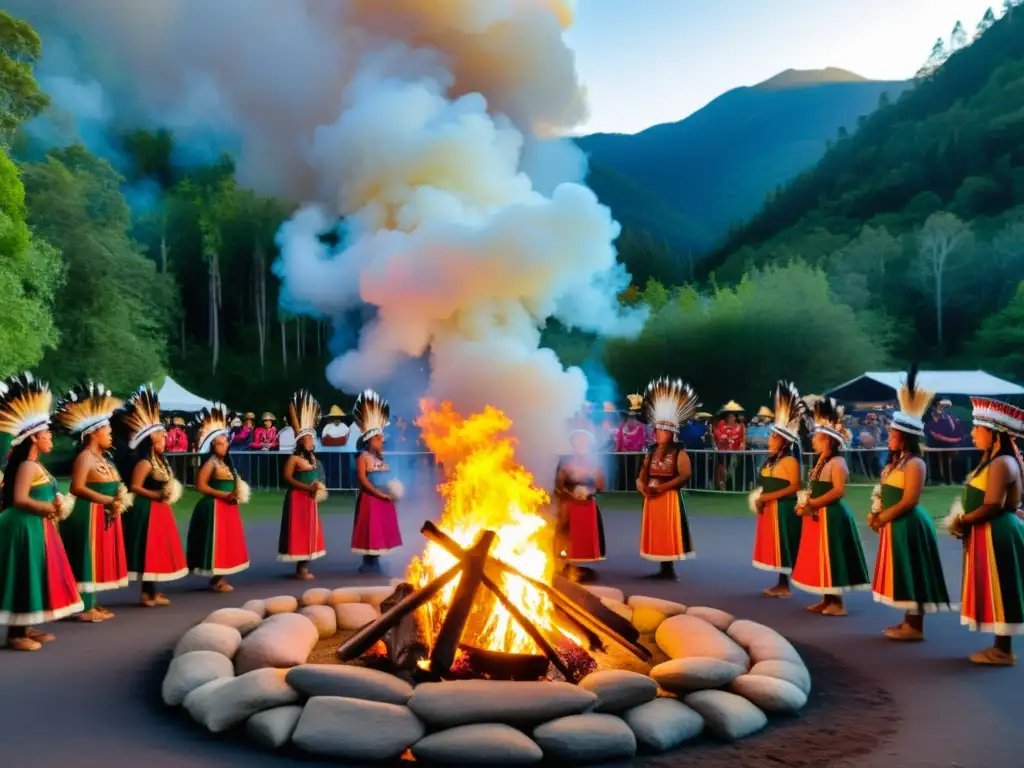 Grupo de bailarines indígenas realizan danza ceremonial alrededor de fogata, en medio de la naturaleza