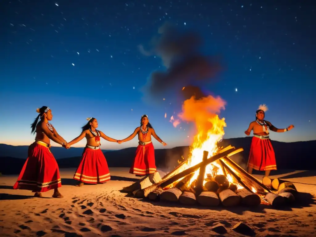 Grupo de bailarines indígenas realiza danza ceremonial alrededor de fogata bajo un cielo estrellado, transmitiendo oralmente danzas ancestrales