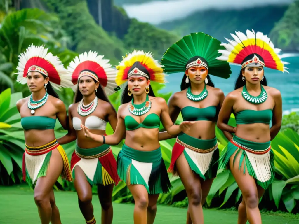 Grupo de bailarines indígenas de Oceanía, ejecutando una danza tradicional con vestimenta y pinturas corporales, rodeados de exuberante vegetación