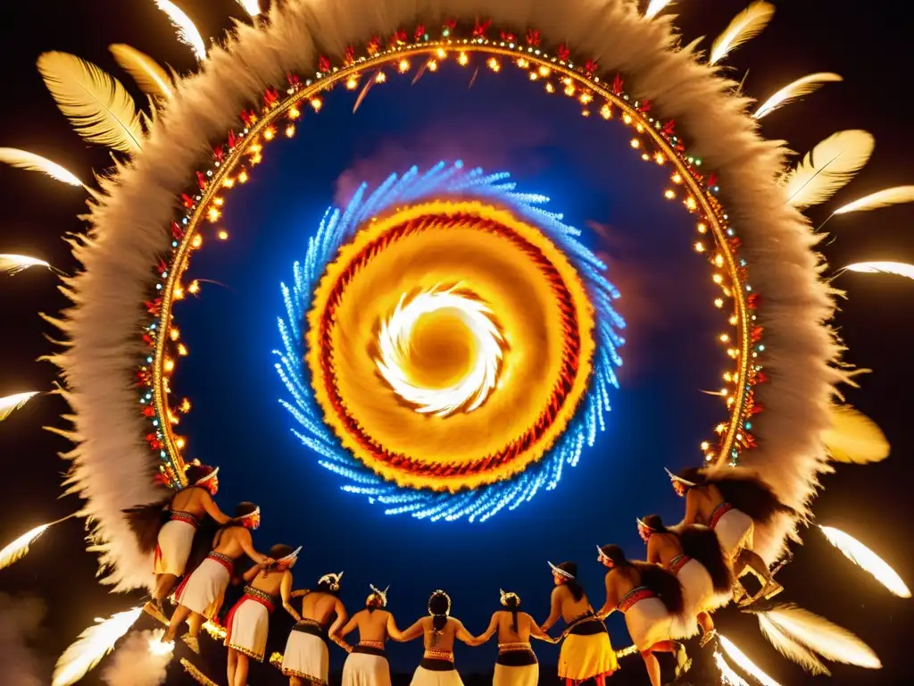 Danza ceremonial indígena alrededor de fogata Grupo de bailarines indígenas realizando una danza ceremonial alrededor de una fogata, con trajes tradicionales vibrantes