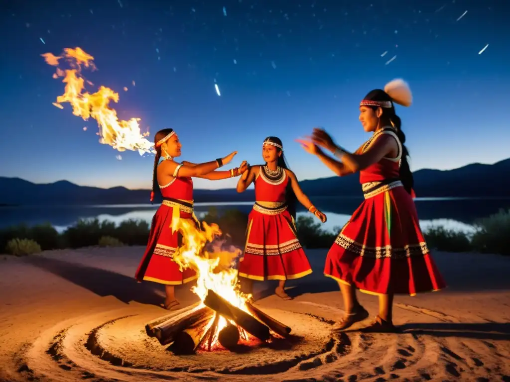 Grupo de bailarines indígenas realiza danza ceremonial alrededor de fogata bajo el cielo estrellado