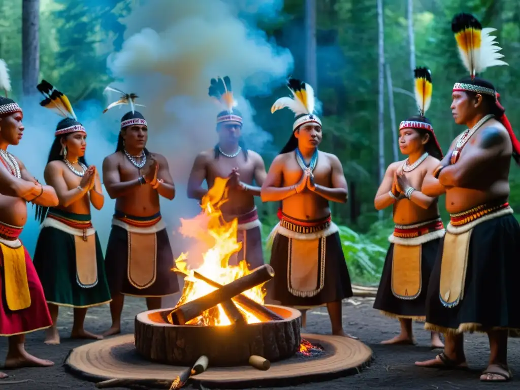 Un grupo de bailarines indígenas realiza una danza sagrada alrededor del fuego, transmitiendo la fuerza de las Prácticas curativas en danzas nativas