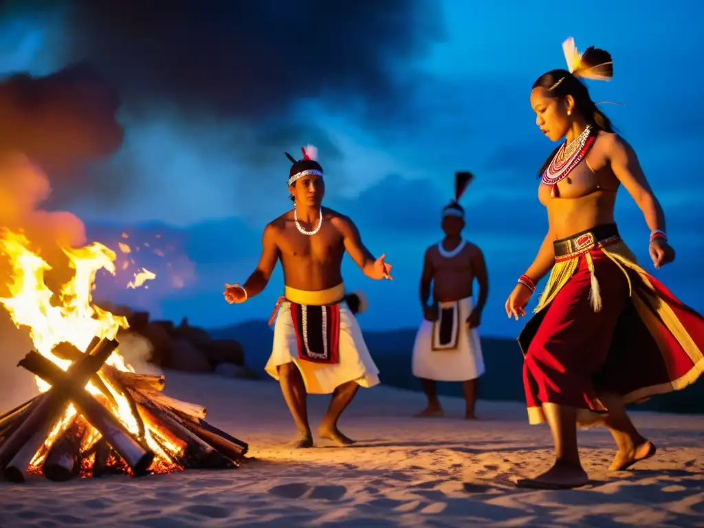 Grupo de bailarines indígenas realiza danza ancestral alrededor de fogata, preservación de danzas ancestrales mediante streaming