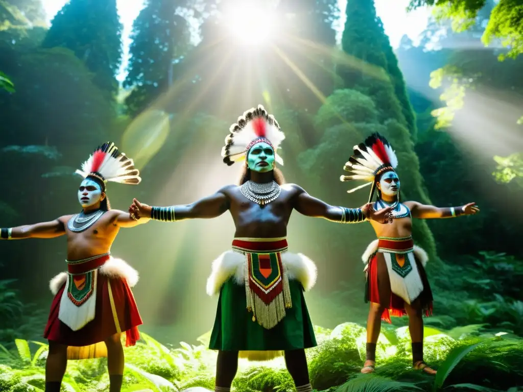 Grupo de bailarines indígenas en danza ritual de guerra y paz en la selva exuberante, con atuendos tradicionales y movimientos emotivos