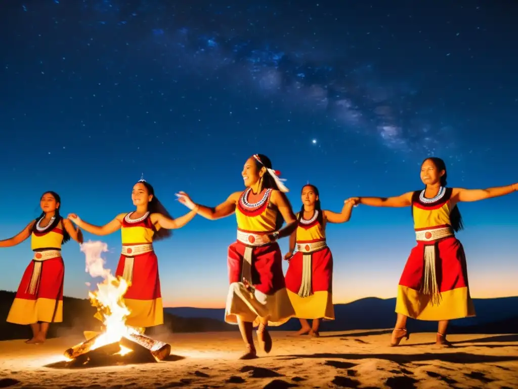 Un grupo de bailarines indígenas realiza una danza ceremonial alrededor de una fogata bajo un cielo estrellado