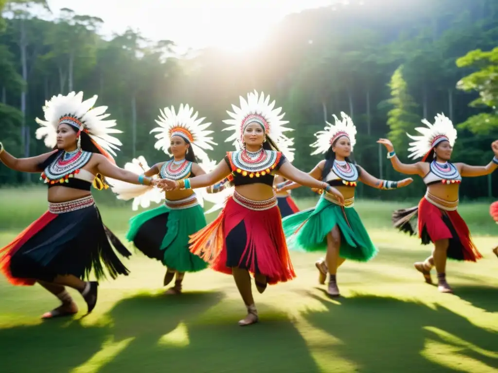 Grupo de bailarines indígenas ejecutando una danza ceremonial en un claro soleado, rodeados de exuberante vegetación