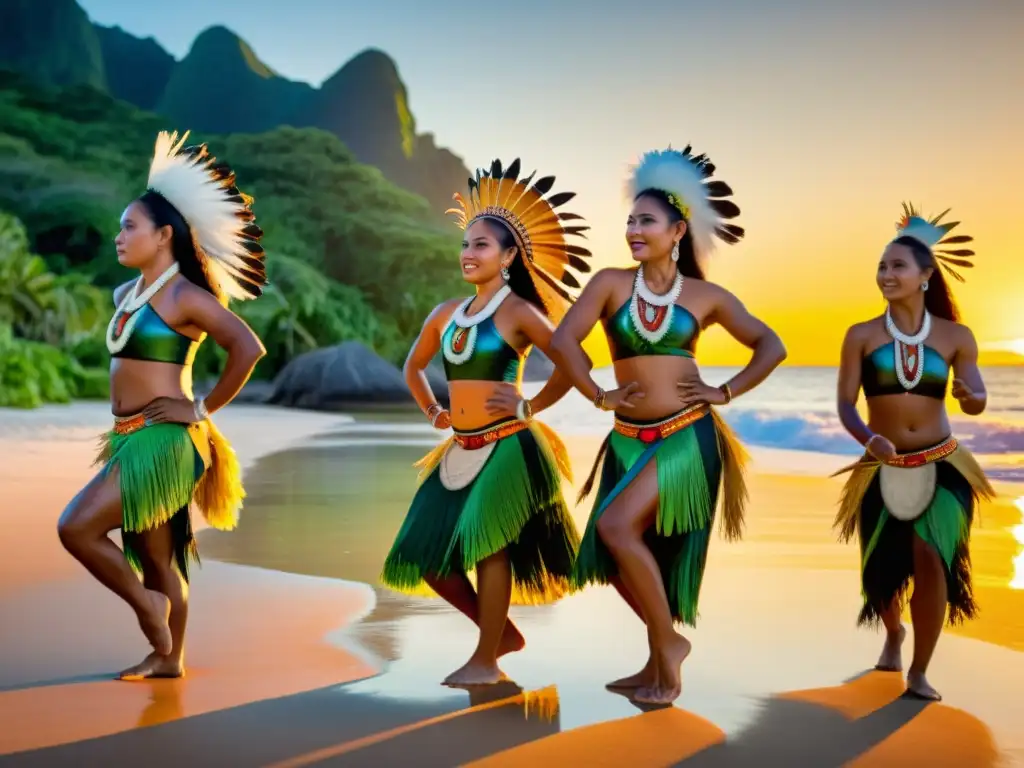 Grupo de bailarines indígenas del Pacífico interpretando danza tradicional al atardecer en la playa, expresando el significado cultural de la danza en Oceanía