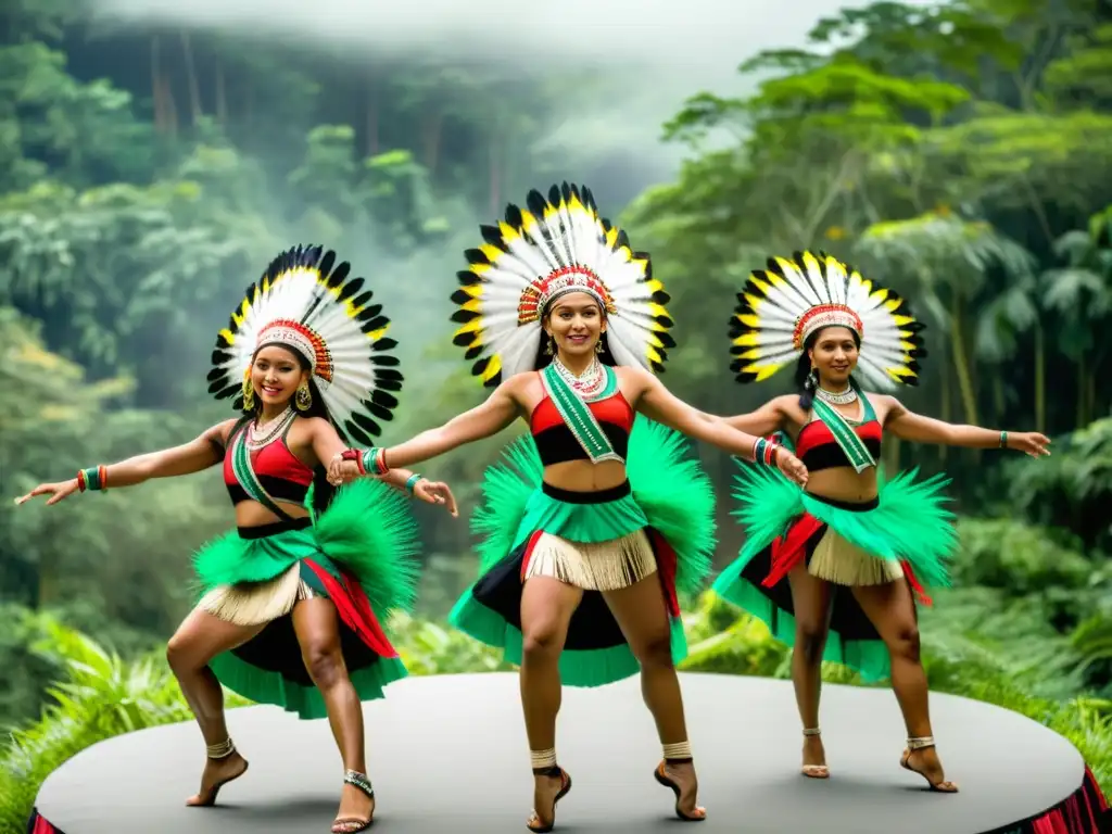 Grupo de bailarines indígenas ejecutando danza tradicional en el bosque