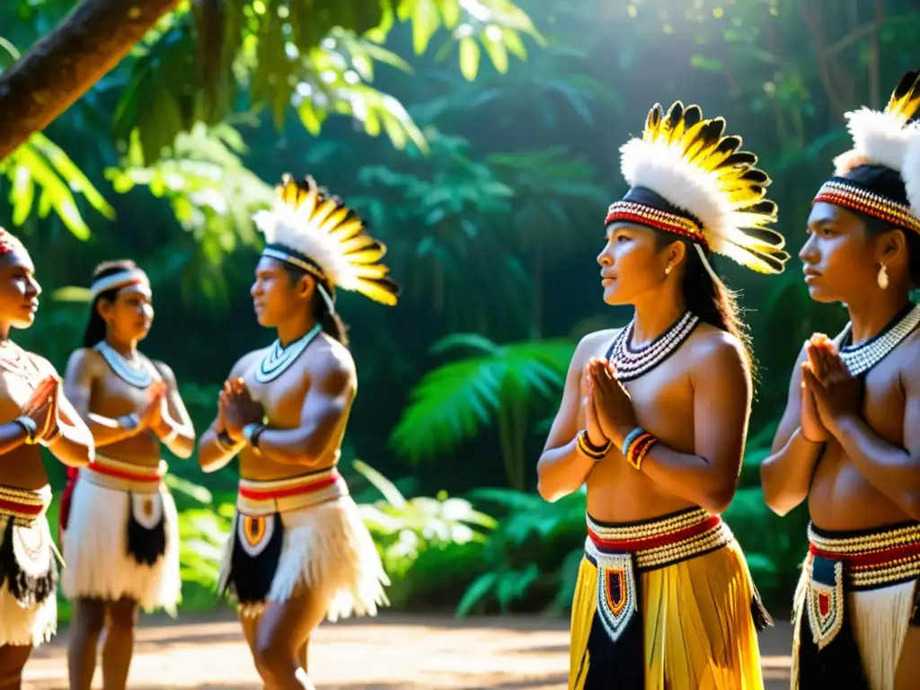 Un grupo de bailarines indígenas realiza una danza ceremonial en la selva, preservación de danzas tradicionales en peligro