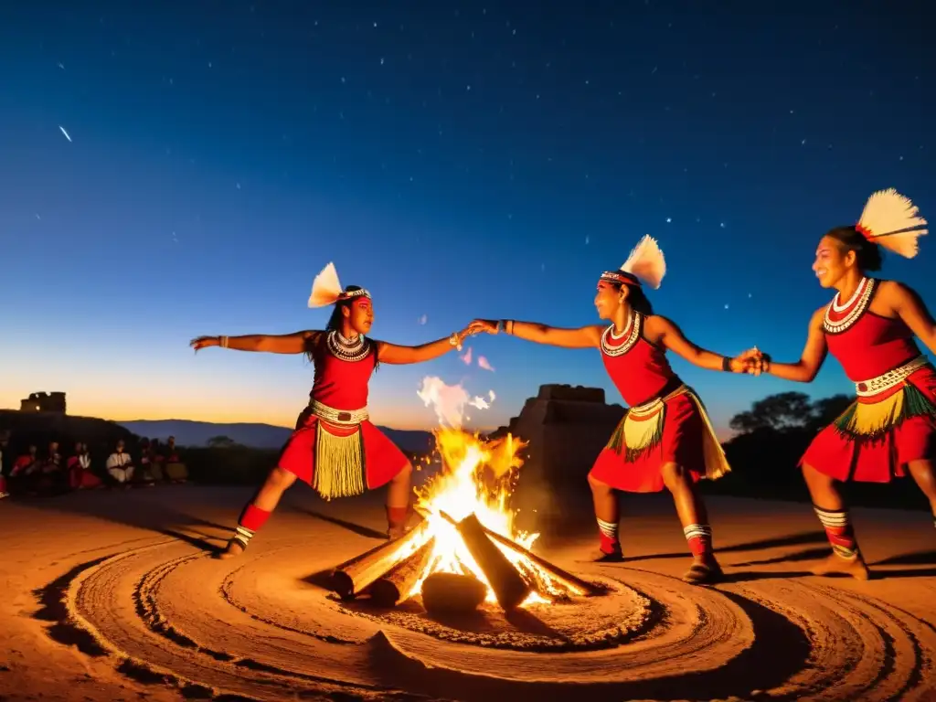 Grupo de bailarines indígenas ejecutando danza ceremonial alrededor de una fogata en ruinas antiguas, bajo el cielo nocturno