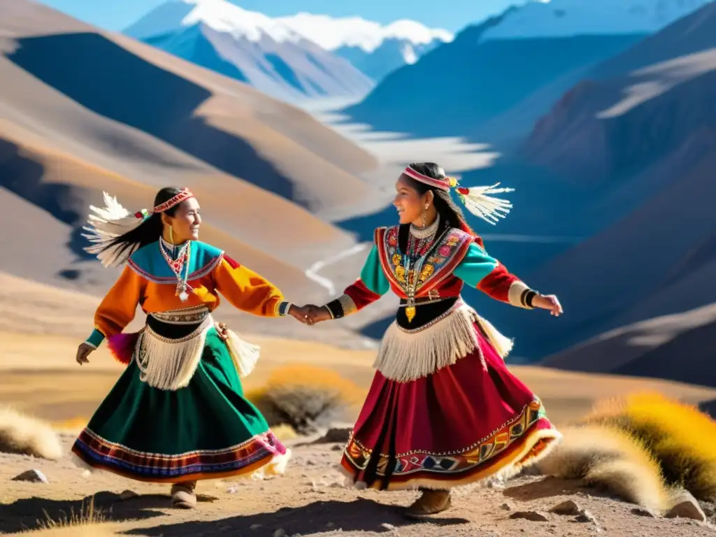 Grupo de bailarines indígenas ejecutando la danza Sariri en el Altiplano, transmitiendo significado y resistencia en su vibrante atuendo tradicional