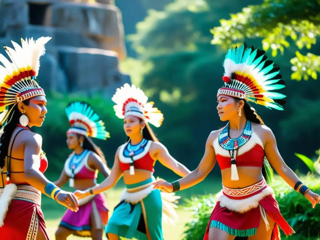 Un grupo de bailarines indígenas realiza una danza ceremonial en un claro soleado, rodeados de vegetación exuberante y ruinas antiguas