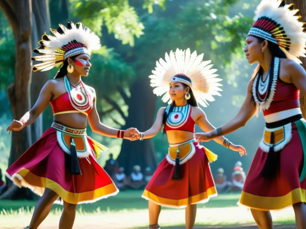 Un grupo de bailarines indígenas realiza una danza ceremonial en un claro soleado, rodeado de exuberante vegetación