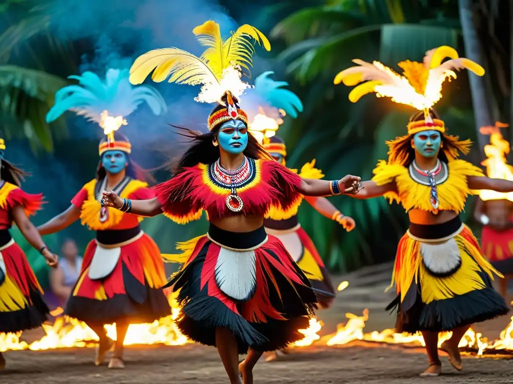 Grupo de bailarines indígenas realizando una danza ritual alrededor de una fogata, destacando el significado cultural de la danza en Oceanía