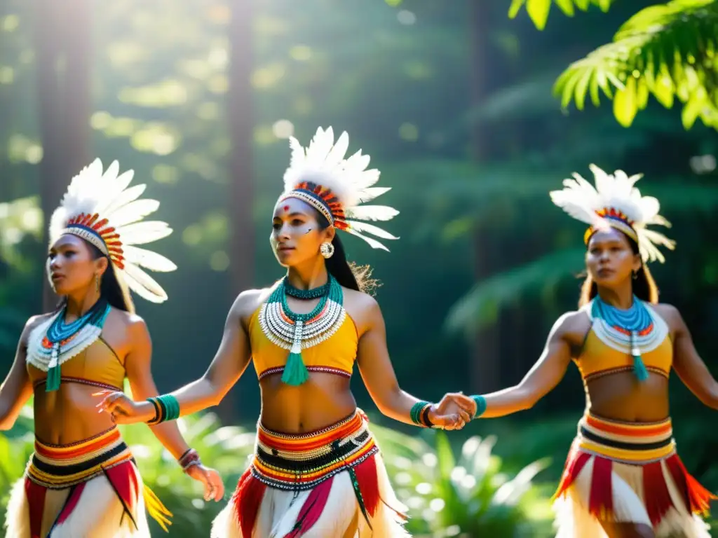 Grupo de bailarines indígenas realiza danza ceremonial en un claro soleado, rodeados de naturaleza exuberante