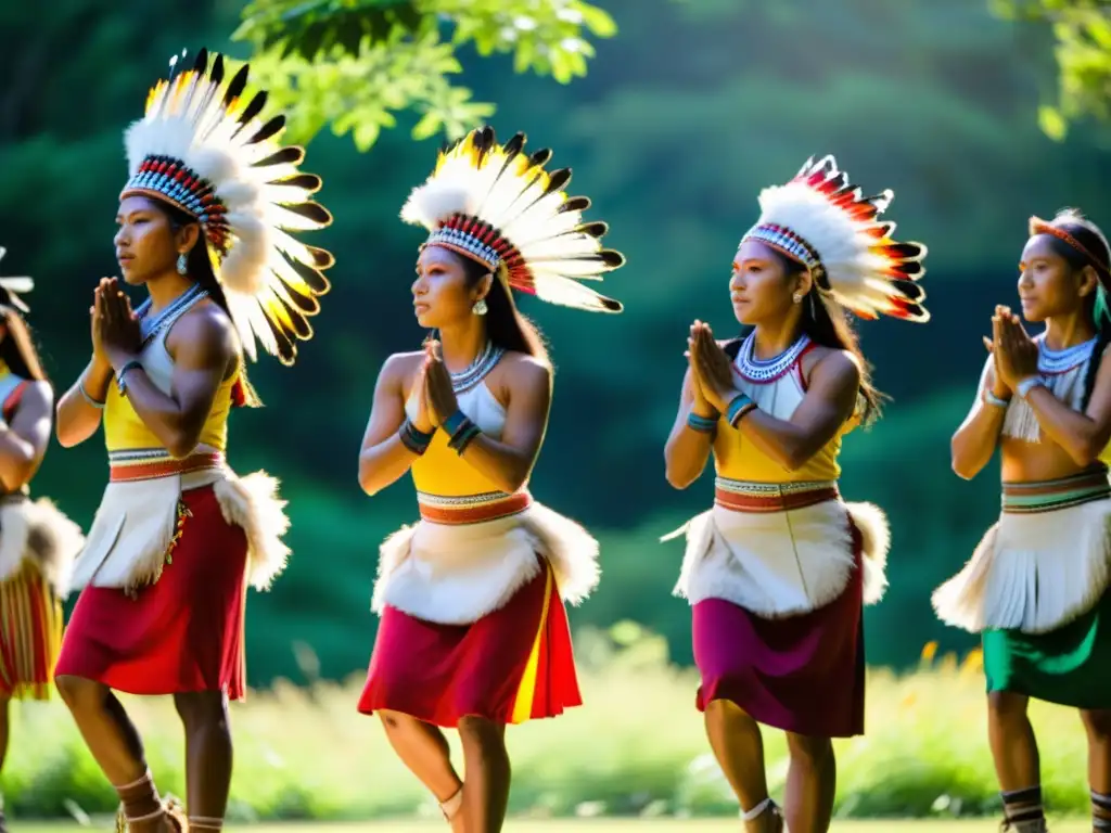 Grupo de bailarines indígenas realiza danza ceremonial en la naturaleza, con atuendos tradicionales