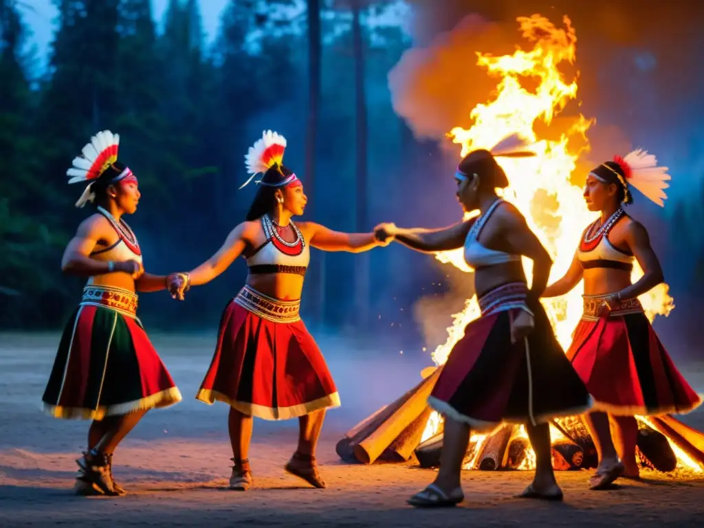 Grupo de bailarines indígenas ejecutan danza ceremonial alrededor de fogata en bosque ancestral