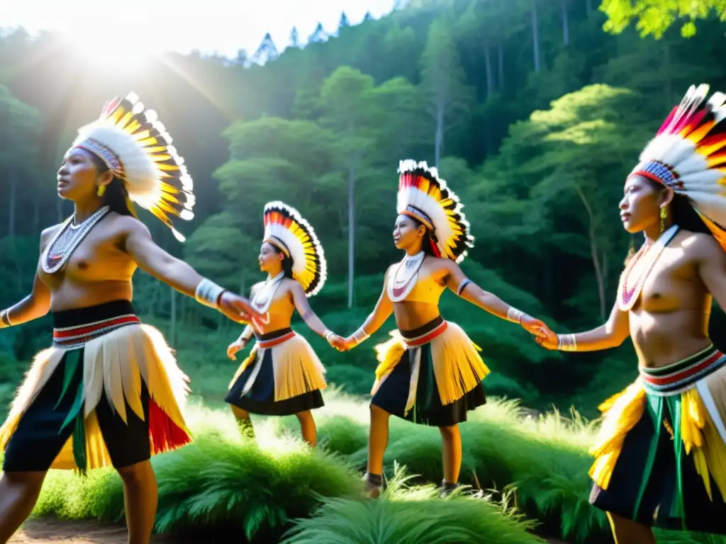 Un grupo de bailarines indígenas realiza una danza ceremonial en un claro soleado, rodeado de un exuberante bosque