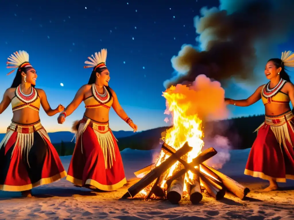 Grupo de bailarines indígenas realizando danza ceremonial alrededor de fogata