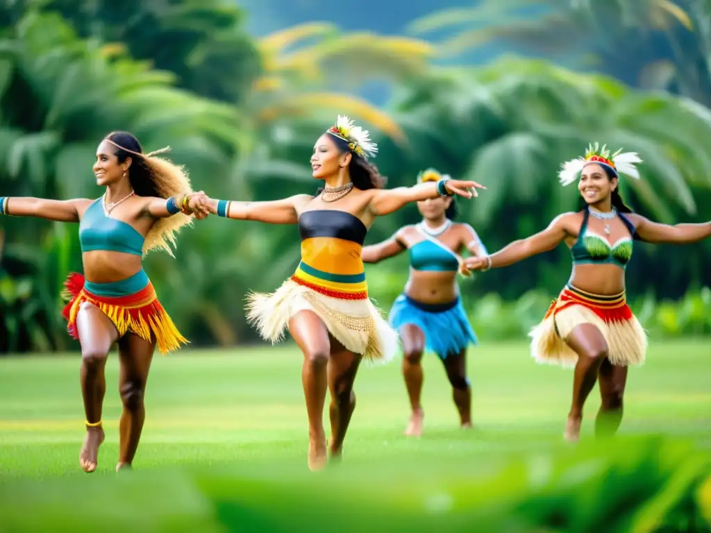 Grupo de bailarines indígenas de Oceanía realizando una danza tradicional en un campo, con trajes vibrantes y pintura corporal