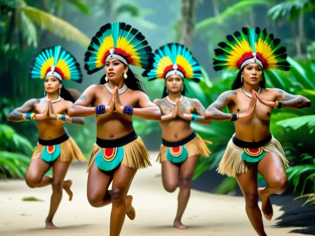 Un grupo de bailarines indígenas de Oceanía realiza una danza tradicional en la exuberante selva tropical