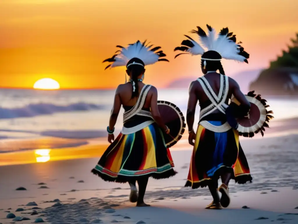 Grupo de bailarines indígenas de Oceanía realizando danza ceremonial en la playa al atardecer, con influencia del cristianismo en sus tradiciones