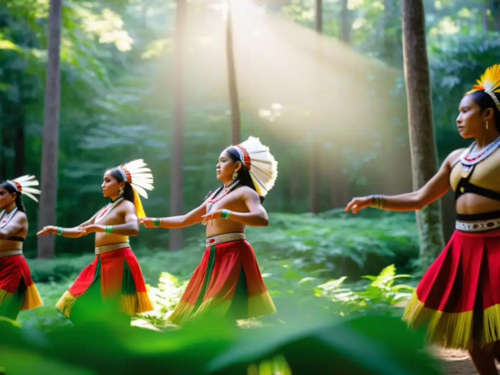Grupo de bailarines indígenas ejecutando danza ceremonial en el bosque, preservación de danzas tradicionales indígenas