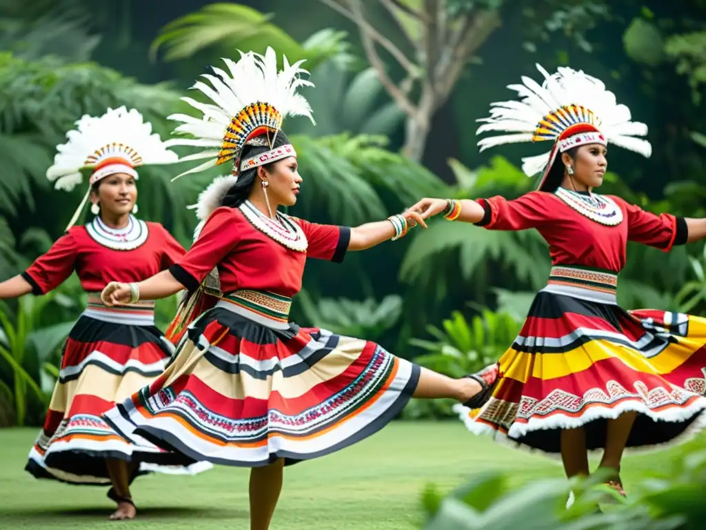 Un grupo de bailarines indígenas ejecutando una danza tradicional, con trajes coloridos y expresiones de orgullo cultural