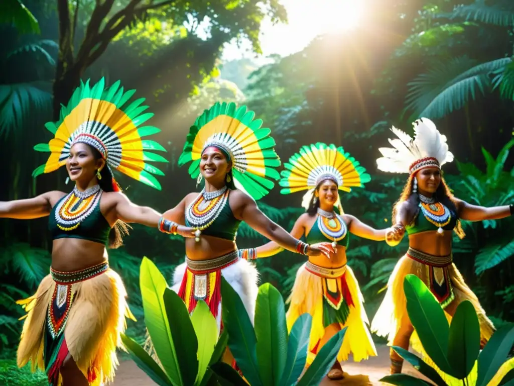 Un grupo de bailarines indígenas ejecuta una danza tradicional en la exuberante selva, mostrando la influencia de la danza en turismo sostenible