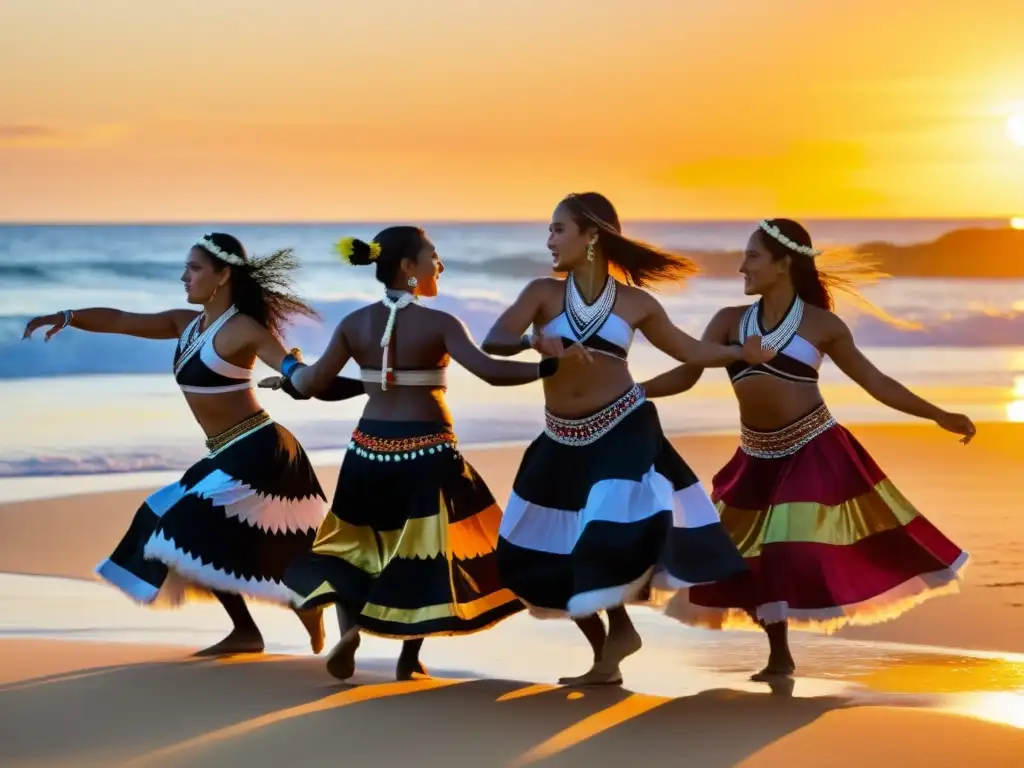 Grupo de bailarines indígenas de Oceanía realizando danzas tradicionales al atardecer en la playa, expresando orgullo cultural y resistencia