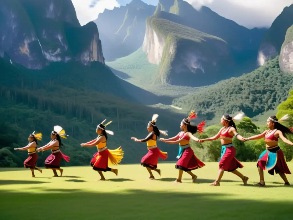 Grupo de bailarines indígenas realizando danzas tradicionales sagradas, en un claro soleado rodeado de montañas y exuberante vegetación