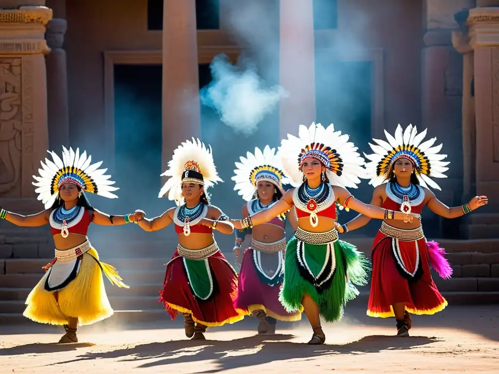 Grupo de bailarines indígenas realizando danzas tradicionales sagradas, mostrando su significado cultural y legado ancestral