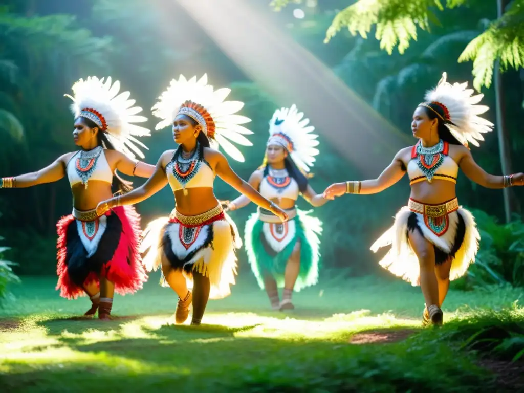 Grupo de bailarines indígenas realizando danzas tradicionales en la selva, capturando la evolución de sus documentales culturales