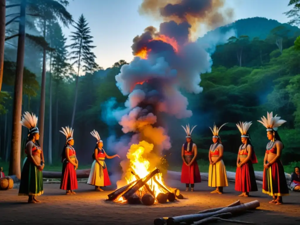 Danza sagrada alrededor del fuego: tradiciones ancestrales Grupo de bailarines indígenas realizando danzas sagradas alrededor del mundo en un claro boscoso, con vestimenta tradicional vibrante y el fuego crepitante iluminando su danza