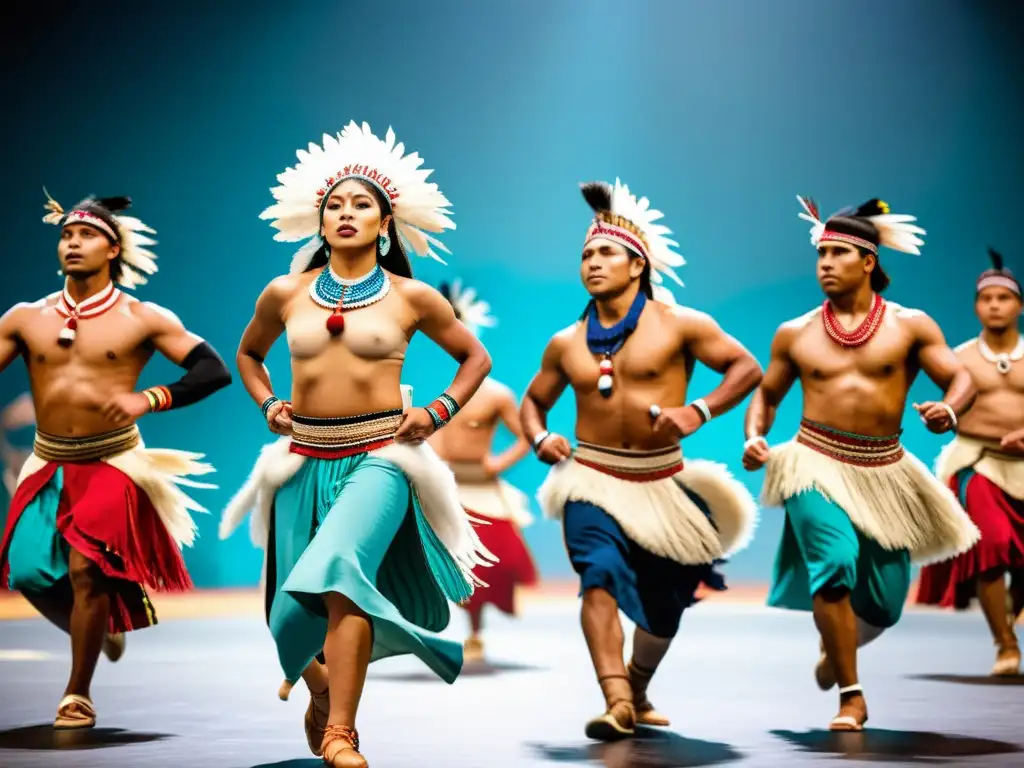 Grupo de bailarines indígenas realizando danzas ancestrales con trajes vibrantes, en un entorno educativo moderno