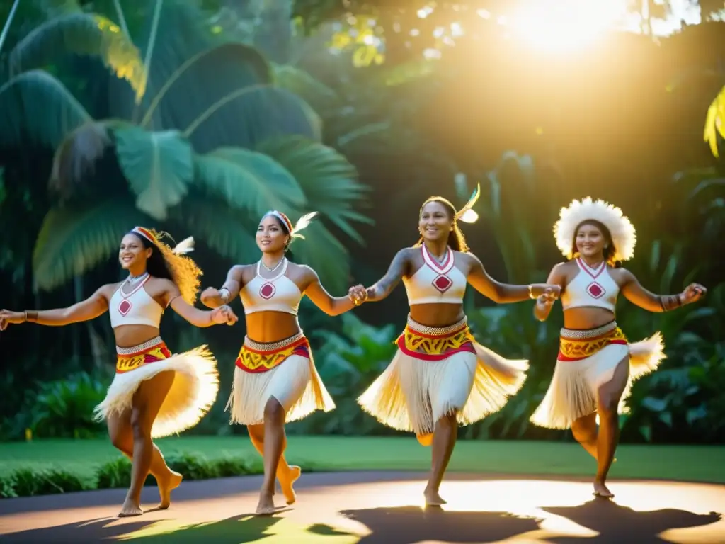 Grupo de bailarines indígenas de Oceanía narrando con danzas tradicionales, envueltos en la rica historia cultural de la región