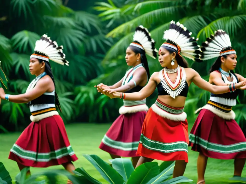 Un grupo de bailarines indígenas ejecuta danzas ancestrales, envueltos en trajes vibrantes, rodeados de exuberante vegetación