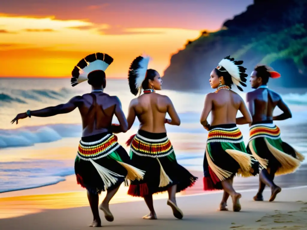 Grupo de bailarines indígenas realizando danzas oceánicas, expresando significado cultural en atuendos vibrantes, al atardecer junto al mar