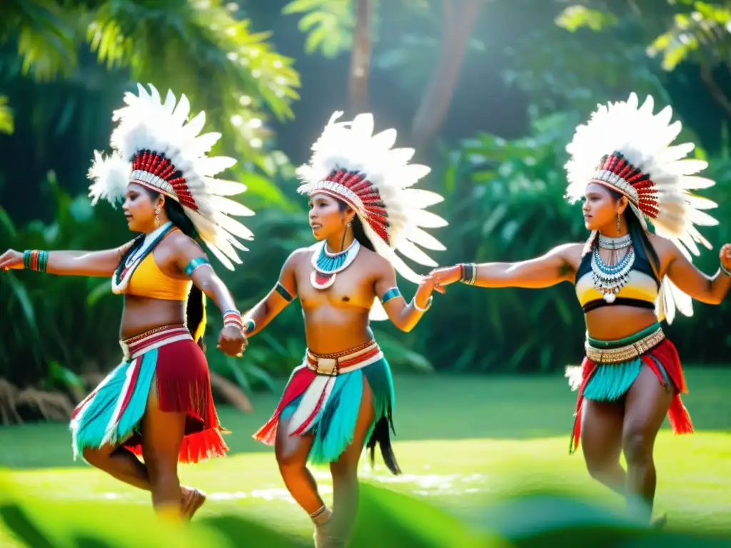 Grupo de bailarines indígenas ejecutando danzas ancestrales, ataviados con trajes tradicionales en medio de exuberante vegetación